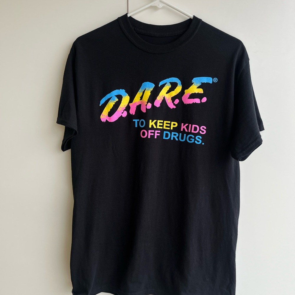 Black Graphic T-Shirt with Colorful Text. DARE to keep kids off drugs, T-shirt.